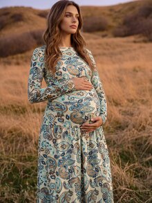 Boho Mama Maternity Paisley Pattern Round Neck Long Sleeve Elegant Dress - Multicolor - View 2