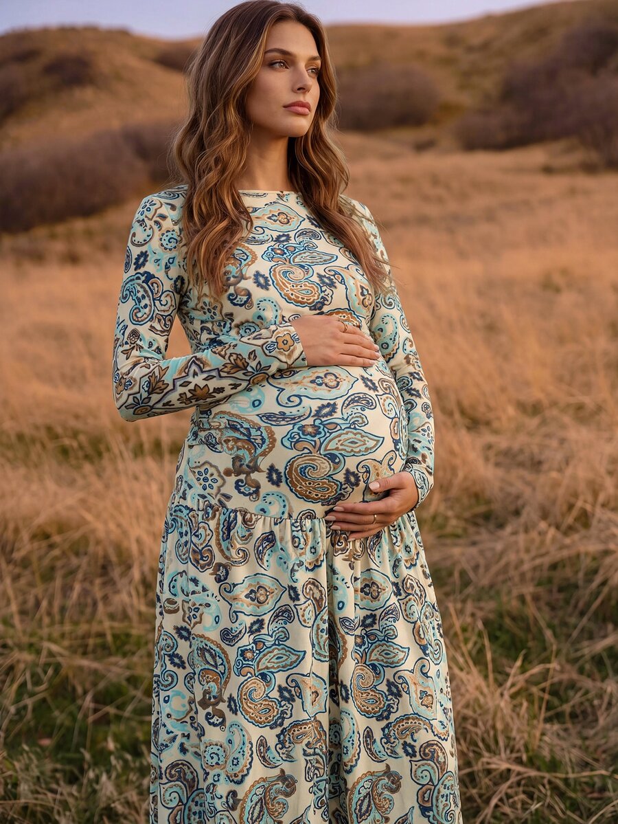 Boho Mama Maternity Paisley Pattern Round Neck Long Sleeve Elegant Dress - Multicolor - View 1