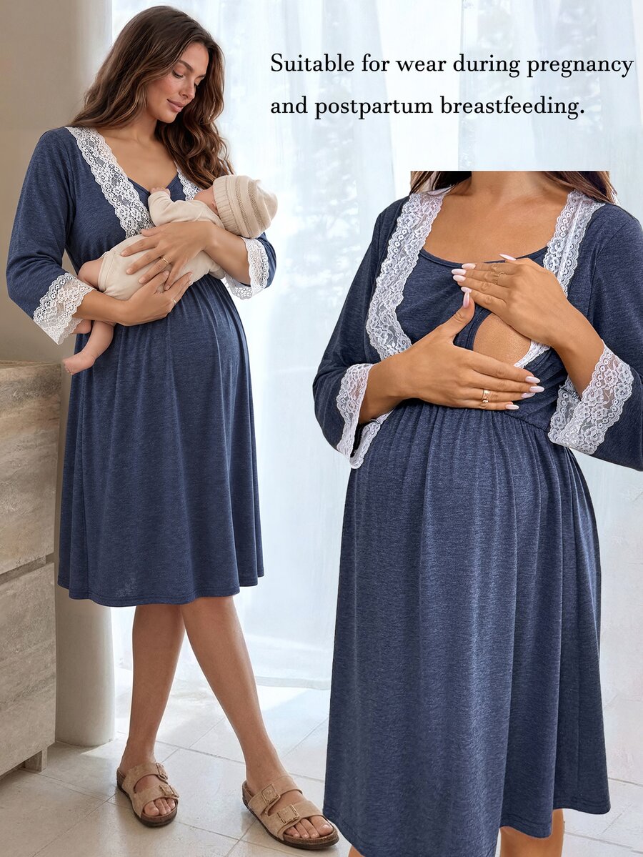 Slowluna Maternity Lace Patchwork Nursing Function Casual Daily Summer Dress - Blue - View 1