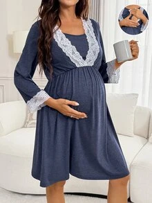 Slowluna Maternity Lace Patchwork Nursing Function Casual Daily Summer Dress - Blue - View 2