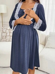 Slowluna Maternity Lace Patchwork Nursing Function Casual Daily Summer Dress - Blue - View 5