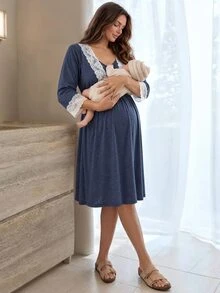 Slowluna Maternity Lace Patchwork Nursing Function Casual Daily Summer Dress - Blue - View 3