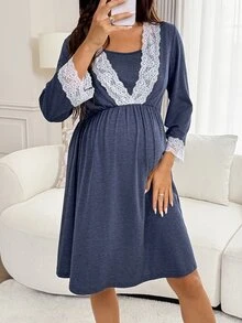 Slowluna Maternity Lace Patchwork Nursing Function Casual Daily Summer Dress - Blue - View 10