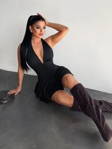 SHEIN SXY 女款素色掛脖百褶時尚約會派對迷你洋裝 - 黑色 - 查看 5
