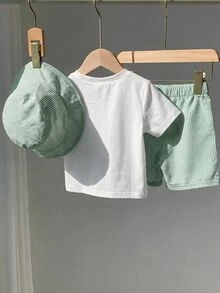 SHEIN 3件組中性嬰兒/男嬰/女嬰可愛條紋圖案短袖T恤、短褲和帽子套裝，春季/夏季男嬰服裝 - 綠色 - 查看 5