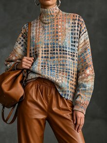 Linhara ملابس علوية صوفية محبوكة فضفاضة للنساء بمقاسات كبيرة، بياقة نصف عالية، بطبعة نقاط بولكا وألوان متباينة وطبعات عشوائية شاملة، بأسلوب كاجوال بسيط متعدد الاستخدامات بطابع ريترو، للخريف والشتاء - متعدد الألوان - مشاهدة 5