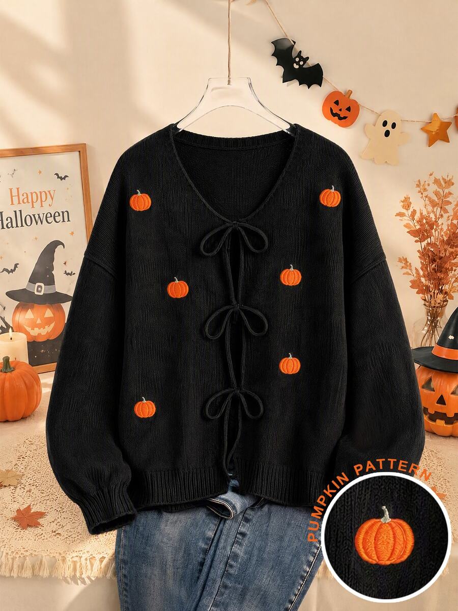 GlowEve CURVE Fall Winter Plus Size Women Halloween Vibe Embroidered Mini Pumpkin Pattern Lace-Up Knit Cardigan, Casual Loose Lantern Sleeve Black Knit Top, Black T - Black - View 1