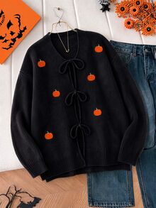 GlowEve CURVE Fall Winter Plus Size Women Halloween Vibe Embroidered Mini Pumpkin Pattern Lace-Up Knit Cardigan, Casual Loose Lantern Sleeve Black Knit Top, Black T - Black - View 10