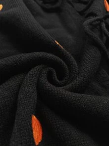 GlowEve CURVE Fall Winter Plus Size Women Halloween Vibe Embroidered Mini Pumpkin Pattern Lace-Up Knit Cardigan, Casual Loose Lantern Sleeve Black Knit Top, Black T - Black - View 6
