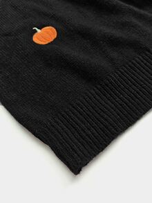 GlowEve CURVE Fall Winter Plus Size Women Halloween Vibe Embroidered Mini Pumpkin Pattern Lace-Up Knit Cardigan, Casual Loose Lantern Sleeve Black Knit Top, Black T - Black - View 9