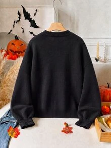 GlowEve CURVE Fall Winter Plus Size Women Halloween Vibe Embroidered Mini Pumpkin Pattern Lace-Up Knit Cardigan, Casual Loose Lantern Sleeve Black Knit Top, Black T - Black - View 3