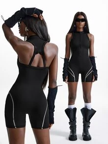 Innovista Innovista Versatile Zipper Half-Placket Striped Colorblock Sports Romper - Black - View 3