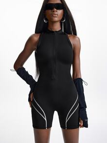 Innovista Innovista Versatile Zipper Half-Placket Striped Colorblock Sports Romper - Black - View 2