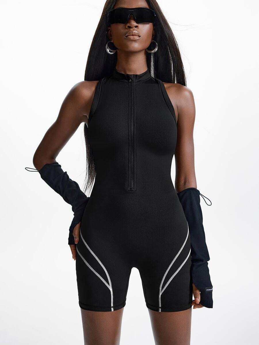 Innovista Innovista Versatile Zipper Half-Placket Striped Colorblock Sports Romper