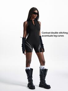 Innovista Innovista Versatile Zipper Half-Placket Striped Colorblock Sports Romper - Black - View 9