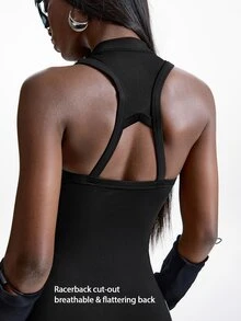 Innovista Innovista Versatile Zipper Half-Placket Striped Colorblock Sports Romper - Black - View 7