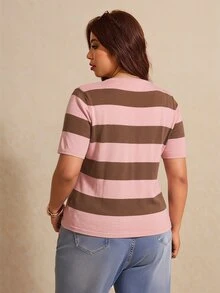 Elaquor Plus Size Women Autumn Casual 1950s Vintage 80s Vacation Daily Office Commute Contrast Stripe Pattern Single-Breasted Knit Cardigan Dusty Pink - Multicolor - View 2