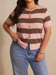 Elaquor Plus Size Women Autumn Casual 1950s Vintage 80s Vacation Daily Office Commute Contrast Stripe Pattern Single-Breasted Knit Cardigan Dusty Pink - Multicolor - View 5