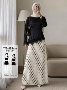 SHEIN Tall 高挑穆斯林女性兩件套：黑色蕾絲飾邊上衣搭配波點裙 - 黑與白 - 查看 3
