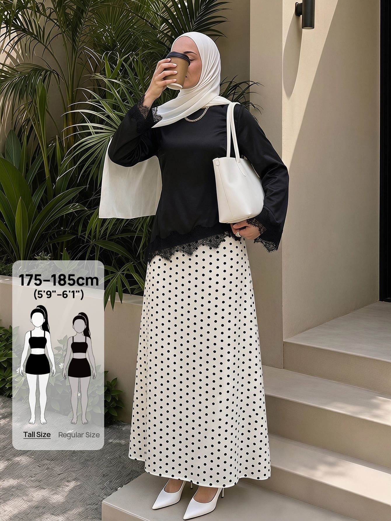 SHEIN Tall 高挑穆斯林女性兩件套:黑色蕾絲飾邊上衣搭配波點裙 - 黑與白 - 查看 1
