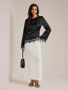 SHEIN Tall 高挑穆斯林女性兩件套：黑色蕾絲飾邊上衣搭配波點裙 - 黑與白 - 查看 7