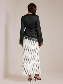 SHEIN Tall 高挑穆斯林女性兩件套：黑色蕾絲飾邊上衣搭配波點裙 - 黑與白 - 查看 2