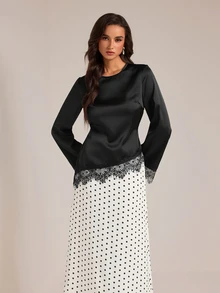 SHEIN Tall 高挑穆斯林女性兩件套：黑色蕾絲飾邊上衣搭配波點裙 - 黑與白 - 查看 8