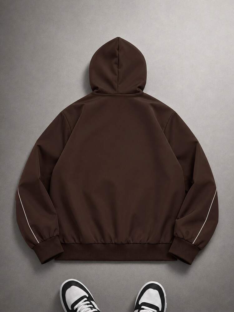 Vacaura American Street Racing Style Striped Hooded Jacket, Zipper Hooded Coat, Curved Contrast Stitching Design On Body, Short Loose Fit Snug Fit Versatile, Suitable For All Body Types; Full Zip Closure Flexible Styling, Perfect For Daily Wear, Streetwear, Spring/Autumn Single Layer, Early Winter Layering - Brown - View 2