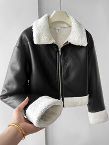 SHEIN 青少年女孩秋冬休閒街頭時尚酷感機車風 PU 複合抓絨加厚撞色翻領拉鍊外套，附口袋，適合返校與日常穿著 - 黑色 - 查看 3