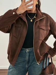 SHEIN LUNE 大尺碼女款純色拉鍊工裝優雅寬鬆長袖夾克 秋季高領麂皮風衣 羊羔毛領 棕色居家/機場穿搭 - 棕色 - 查看 3