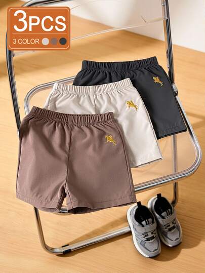 SHEIN Playful Pals 3pcs Baby Boys' Elastic Waist Embroidered Horse Shorts, Assorted Colors, Casual Pants, Suitable For 6M-3T, Ideal For Summer