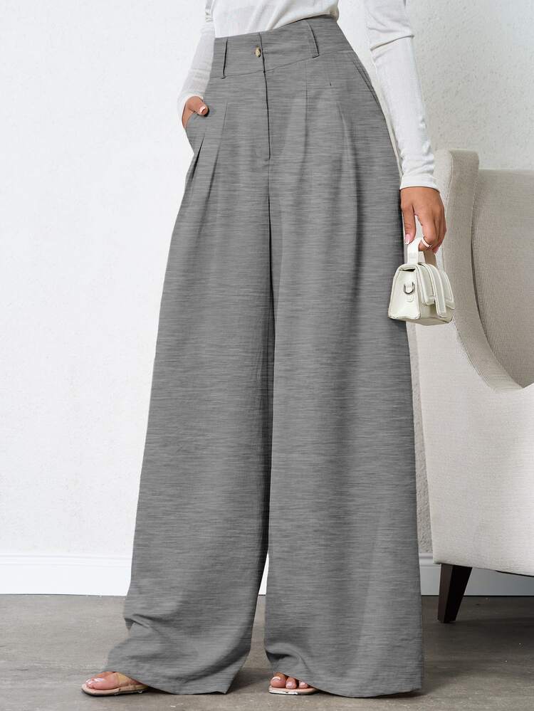 SHEIN Tall 100%Cotton Tall Women Beige Deep Pleated Linen Pant - Grey - View 3