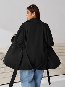 SHEIN EZwear 大尺碼女款休閒簡約優雅通勤純色風衣 秋季辦公室教師社團黑色 - 黑色 - 查看 6