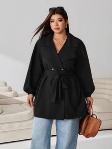 SHEIN EZwear 大尺碼女款休閒簡約優雅通勤純色風衣 秋季辦公室教師社團黑色 - 黑色 - 查看 4