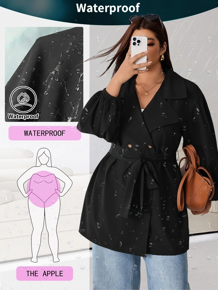 SHEIN EZwear 大尺碼女款休閒簡約優雅通勤純色風衣 秋季辦公室教師社團黑色