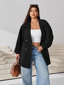 SHEIN EZwear 大尺碼女款休閒簡約優雅通勤純色風衣 秋季辦公室教師社團黑色 - 黑色 - 查看 5