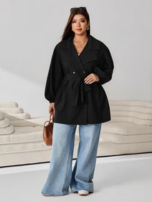 SHEIN EZwear 大尺碼女款休閒簡約優雅通勤純色風衣 秋季辦公室教師社團黑色 - 黑色 - 查看 7