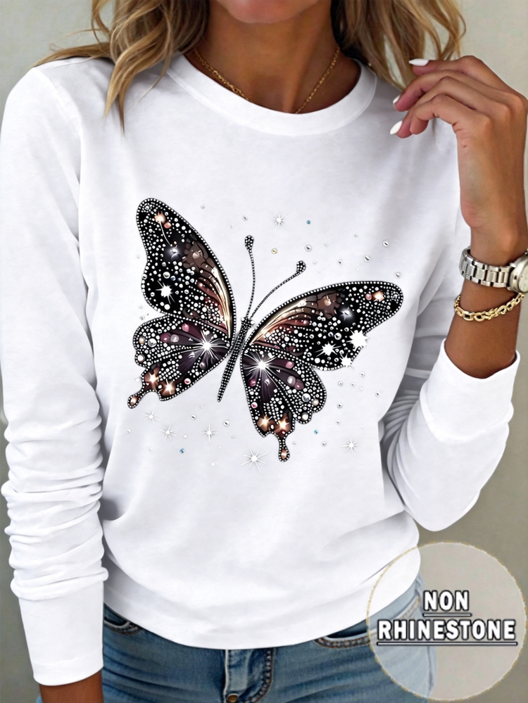 Breezaya EMERY ROSE A Large-Sized Women's Casual Butterfly-Printed Round-Neck Long-Sleeved T-Shirt, Suitable - White - View 3