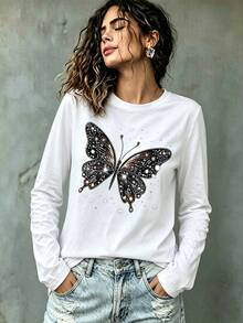 Breezaya EMERY ROSE A Large-Sized Women's Casual Butterfly-Printed Round-Neck Long-Sleeved T-Shirt, Suitable - White - View 1