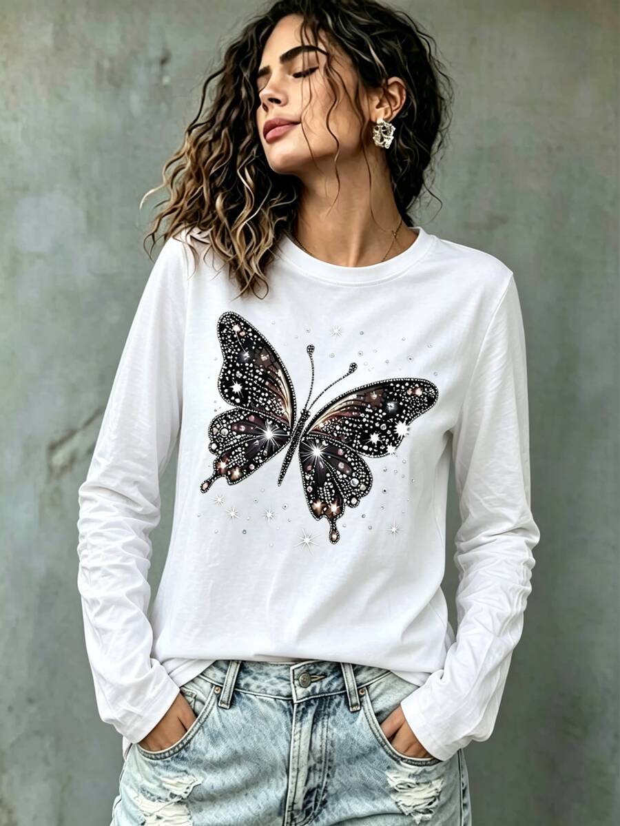 Breezaya EMERY ROSE A Large-Sized Women's Casual Butterfly-Printed Round-Neck Long-Sleeved T-Shirt, Suitable - White - View 1