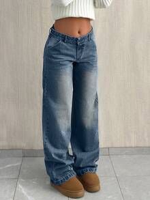 EURMUSE LOW WAIST BAGGY LOOSE STRAIGHT LEG JEAN - Dusty Blue - View 3