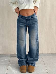 EURMUSE LOW WAIST BAGGY LOOSE STRAIGHT LEG JEAN - Dusty Blue - View 7