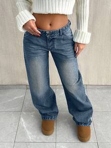 EURMUSE LOW WAIST BAGGY LOOSE STRAIGHT LEG JEAN - Dusty Blue - View 5