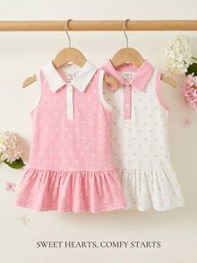SHEIN 2件套甜美风女童夏季连衣裙，Polo领无袖荷叶边下摆波点印花休闲半身裙，适合公园漫步和周末郊游 - 粉色 - 查看 8