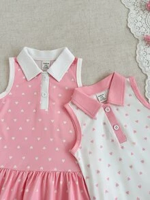 SHEIN 2件套甜美风女童夏季连衣裙，Polo领无袖荷叶边下摆波点印花休闲半身裙，适合公园漫步和周末郊游 - 粉色 - 查看 5