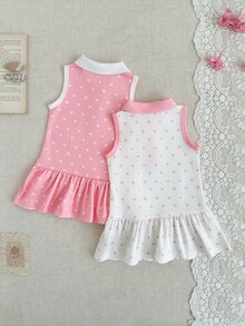 SHEIN 2件套甜美风女童夏季连衣裙，Polo领无袖荷叶边下摆波点印花休闲半身裙，适合公园漫步和周末郊游 - 粉色 - 查看 2