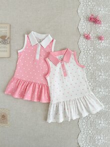 SHEIN 2件套甜美风女童夏季连衣裙，Polo领无袖荷叶边下摆波点印花休闲半身裙，适合公园漫步和周末郊游 - 粉色 - 查看 3
