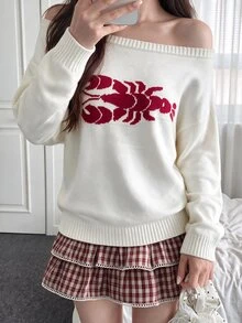 Comfortcana Women's Lobster Pattern Off-Shoulder Knit Top - White - View 10