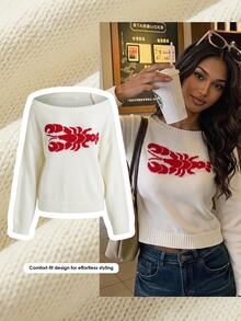 Comfortcana Women's Lobster Pattern Off-Shoulder Knit Top - White - View 9