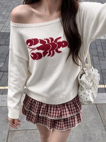 Comfortcana Women's Lobster Pattern Off-Shoulder Knit Top - White - View 8